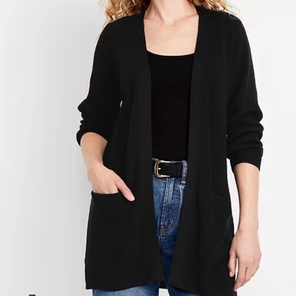 Old Navy Longline Open Front Sweater Plus 3X Black Cardigan Ribbed Cozy Pockets - Picture 1 of 9